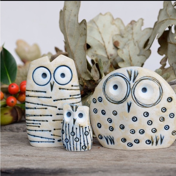 NIB Cream and Black Ceramic Owl Art Collection